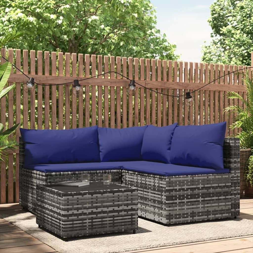 The Living Store 4-tlg. Garten-Lounge-Set mit Kissen Grau Poly Rattan