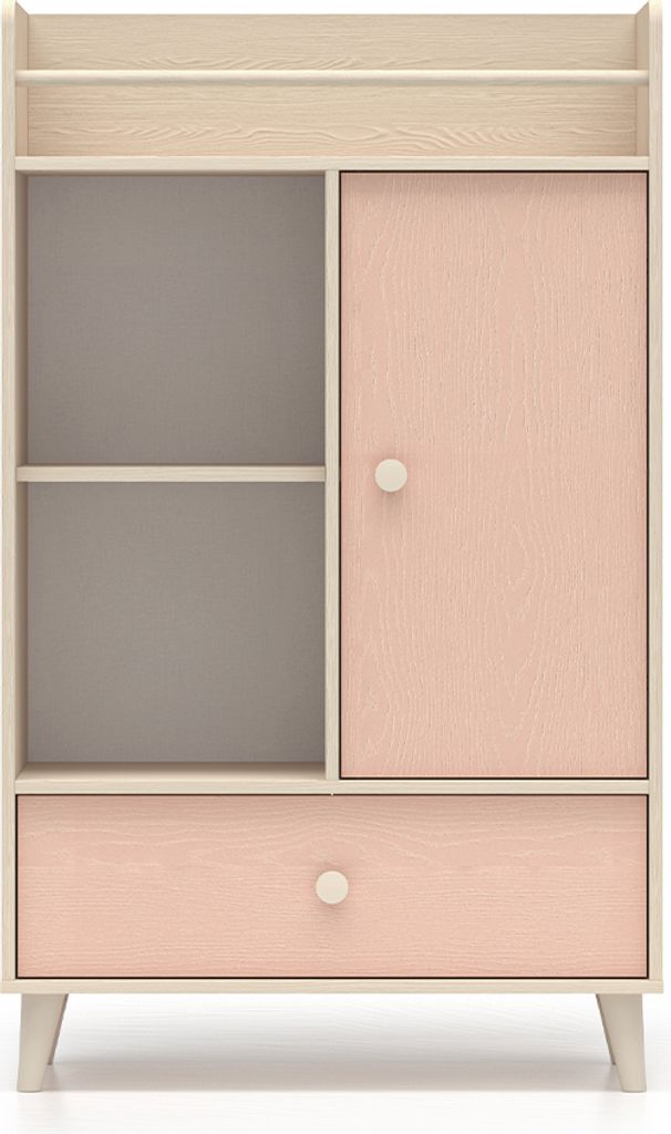 Bücherregal Alycia mit 1 Schublade und 1 Tür, Beige - Korallenrosa - Holzoptikeffekt, 132cm