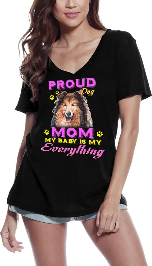 Damen Grafik T-Shirt V-Ausschnitt Stolzer Tag - Rough Collie Hundemama - mein Baby ist mein Ein und Alles – Proud Day - Rough Collie Dog Mom - My...