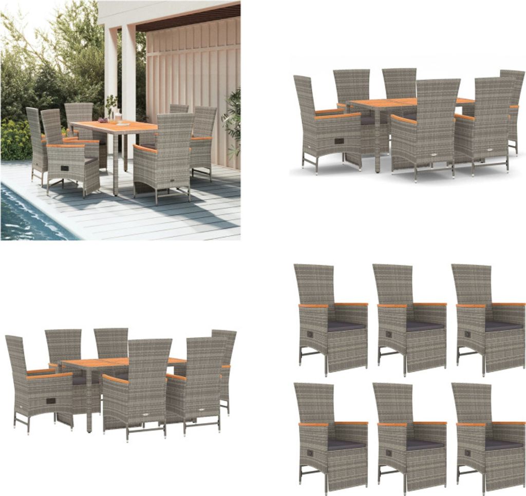 vidaXL 7 tlg. Garten Essgruppe mit Kissen Grau Poly Rattan - Garten Essgruppe - Garten Essgruppen - Essgruppe - Essgruppe Terrasse