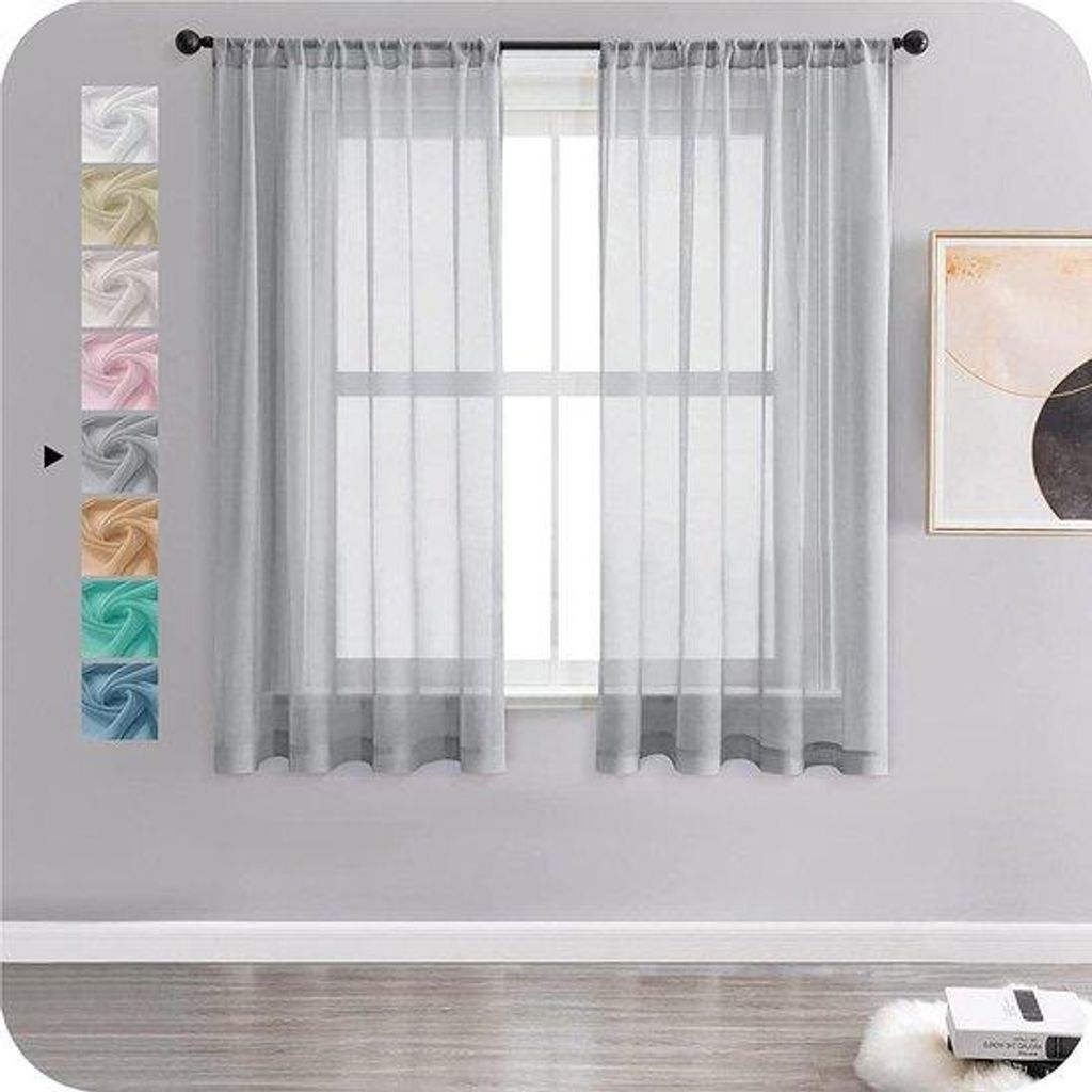 Voile-Gardinen mit Augen, kurz, halbtransparent in grauem Leinenlook, 137 x 140 cm, Set aus 2 für Wohnzimmer, Schlafzimmer und Kinderzimmer