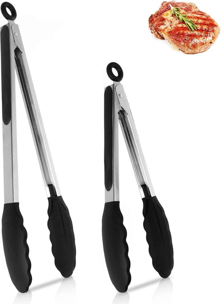 Grillzange Silikon, 2er Set, 22,9 cm und 30,5 cm lange Zangen, Grillzange Edelstahl, Küchenzange mit Silikonspitze, mit Verriegelung, Verriegelbar...