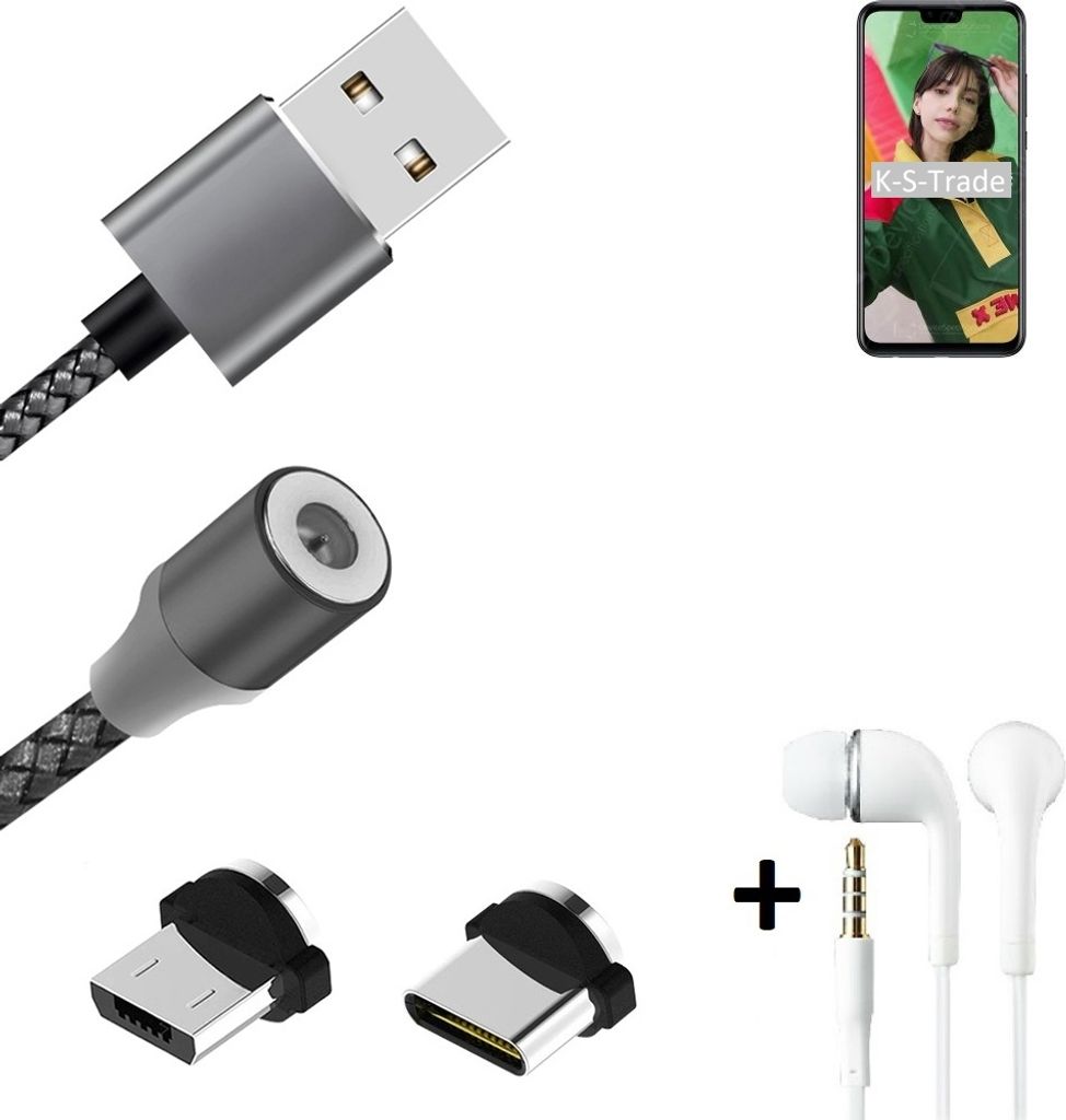 K-S-Trade Hochwertiges Magnet-Lade-kabel Sync-Kabel Daten-Kabel + Kopfhörer für Huawei Y8s mit USB-Typ-C-Anschluss und Micro-USB-Anschluss 2A bis