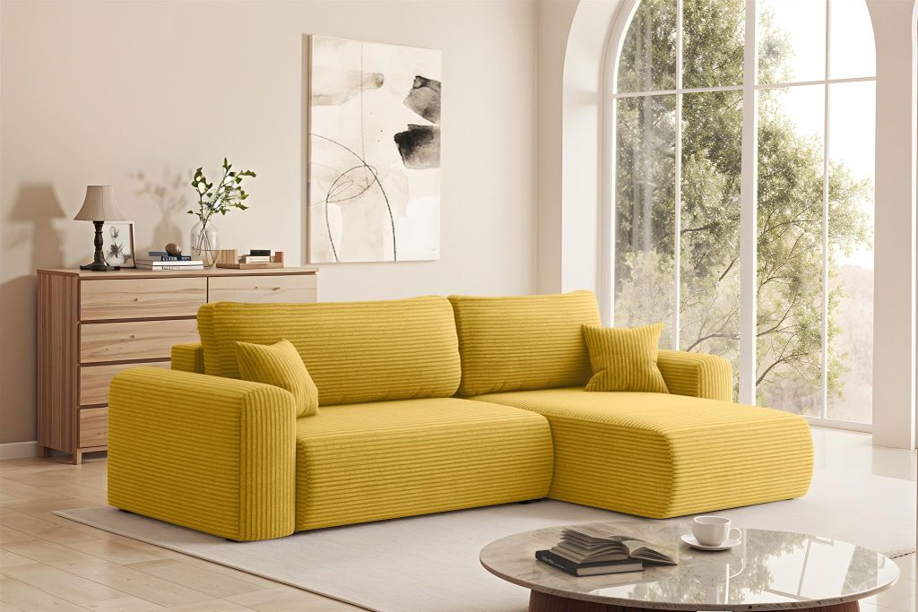 Ecksofa Schlafsofa FLORA Stoff Poso Honiggelb Ottomane Rechts