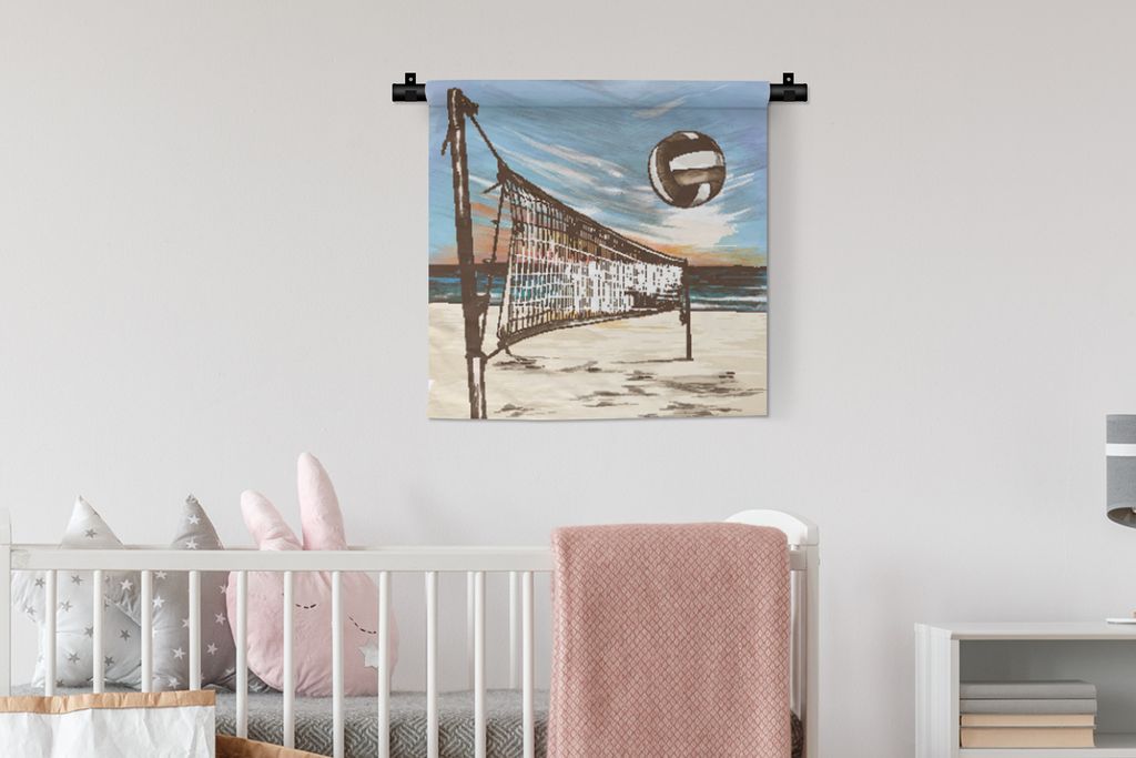 MuchoWow Wandteppich Wandbehang Strand - Volleyball - Netz 60x60 cm Tapisserie Dekoration Wandtuch - Dekorationen - Wand Decke