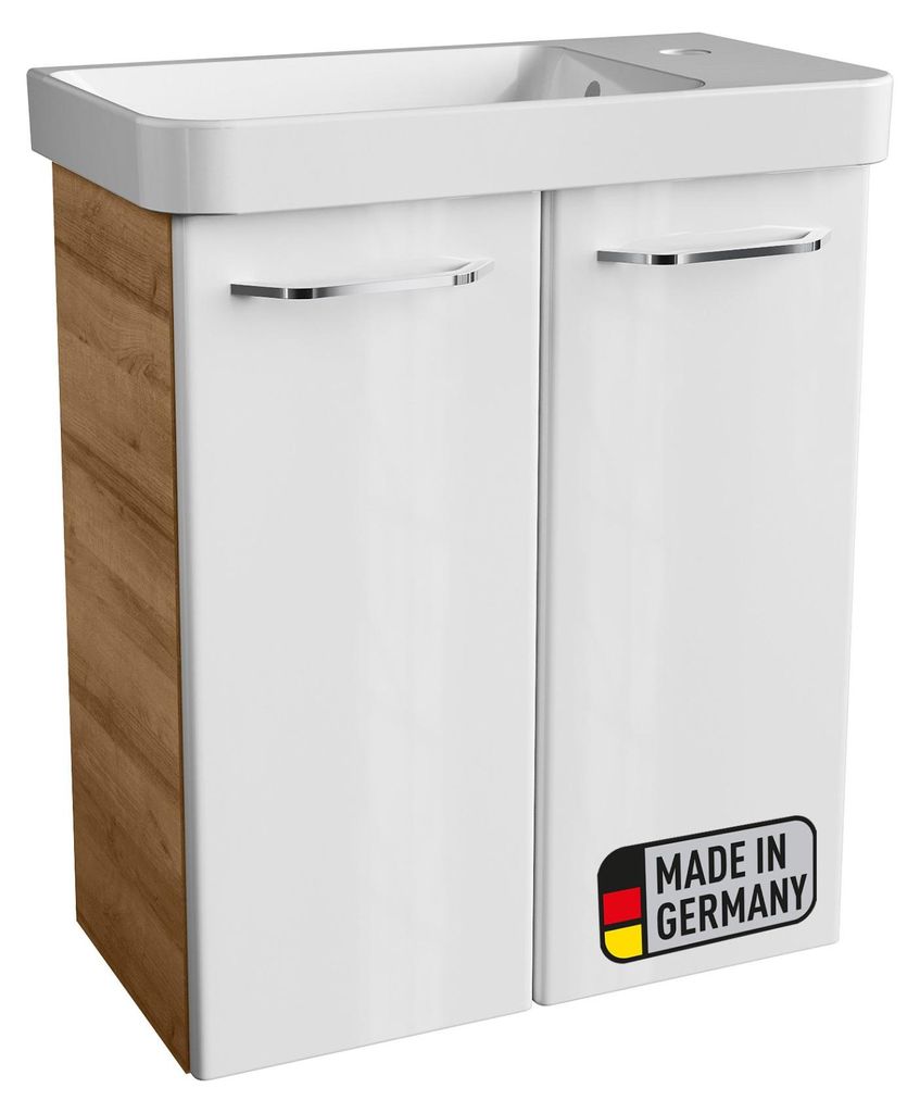 BADEDU NES Gäste WC Set 55 cm Braun/Weiß Modernes Badmöbel Set mit Keramik Waschbecken und Ast Eiche Holzoptik für Gäste WC