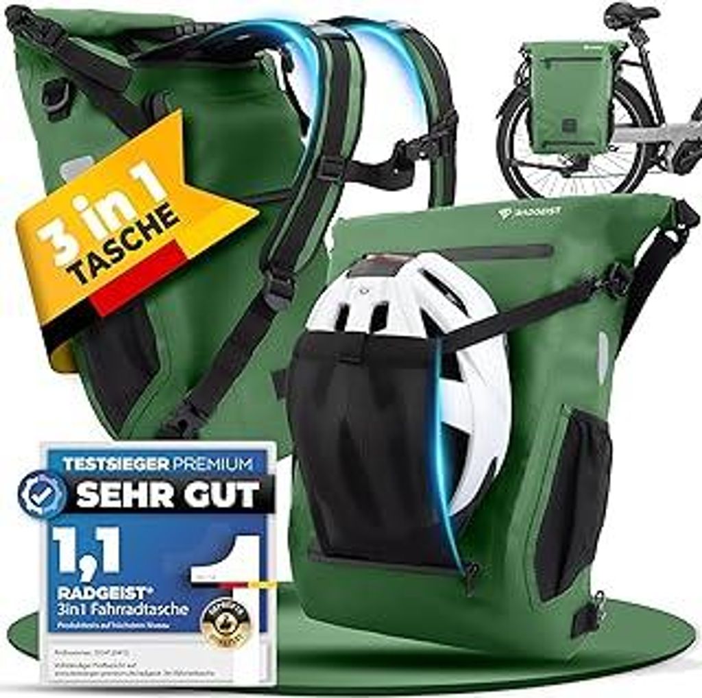 3in1 Fahrradtasche für Gepäckträger I Gepäckträgertasche, Rucksack & Umhängetasche 18-22L I Tasche für Fahrrad 100% wasserdicht Grün