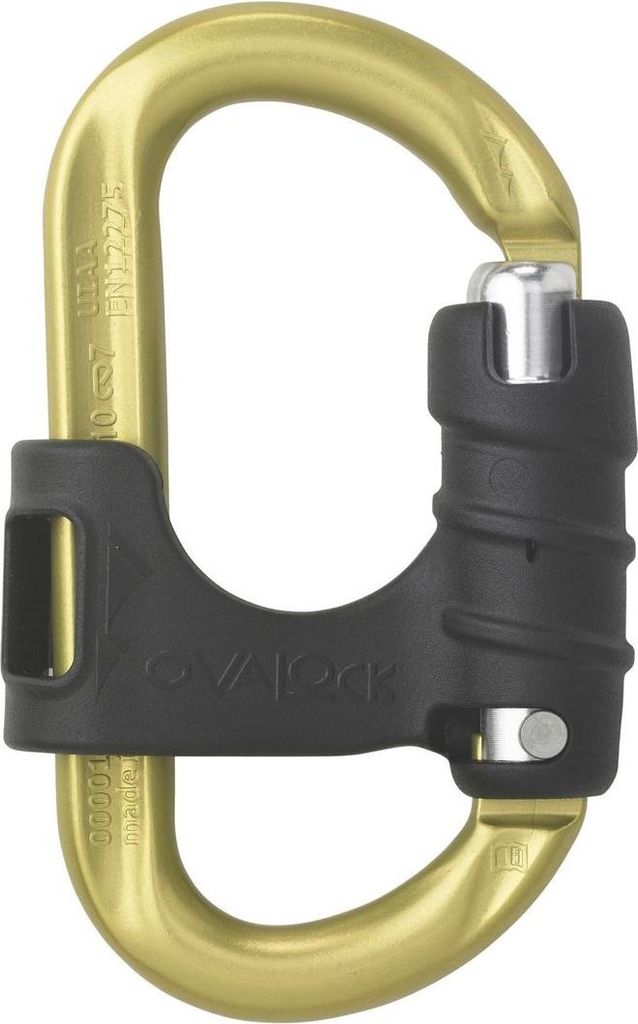 Schnappkarabiner "OVALOCK mit Klappverschluss" von Austri Alpin; goldfarbener Metallkörper mit schwarzem Verschlussmechanismus.