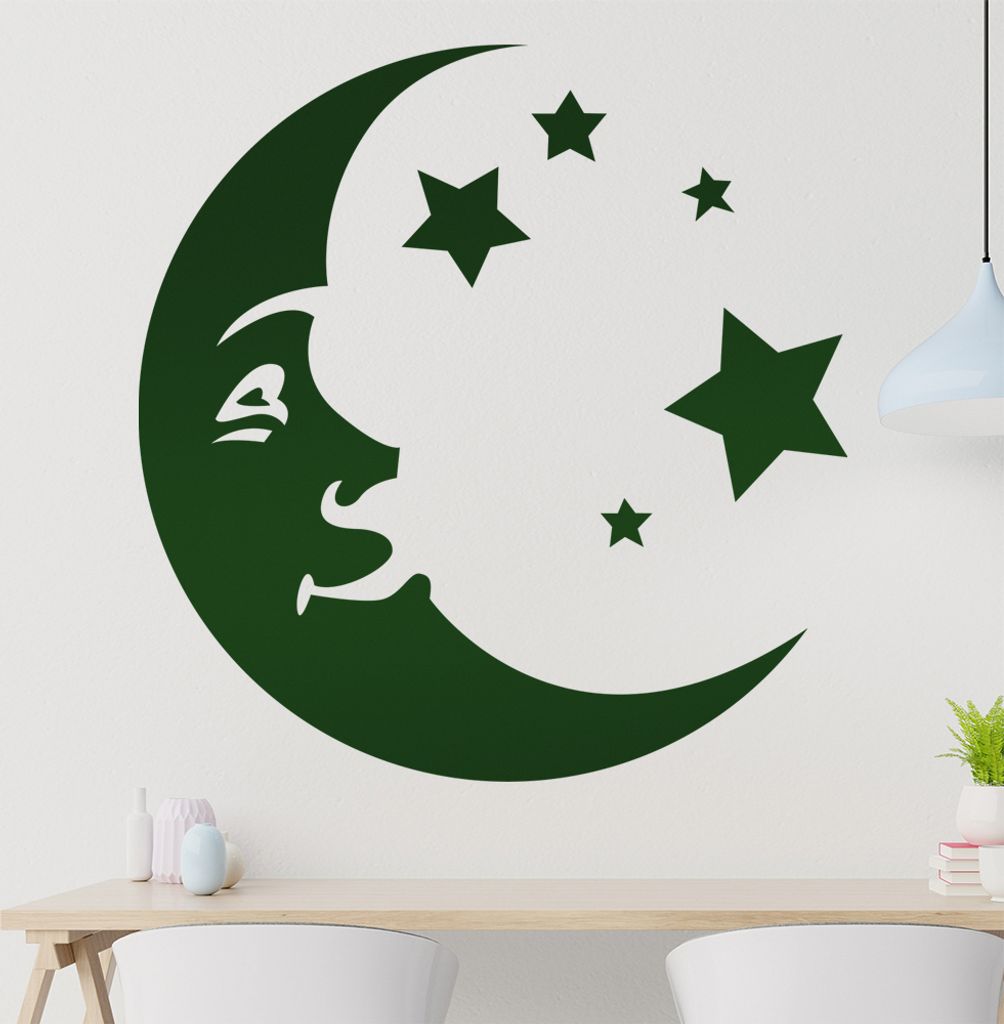 Mondgesicht und Sterne Wandtattoo in 6 Größen - Wandaufkleber Wall Sticker - Dekoration, Küche, Wohnzimmer, Schlafzimmer, Badezimmer