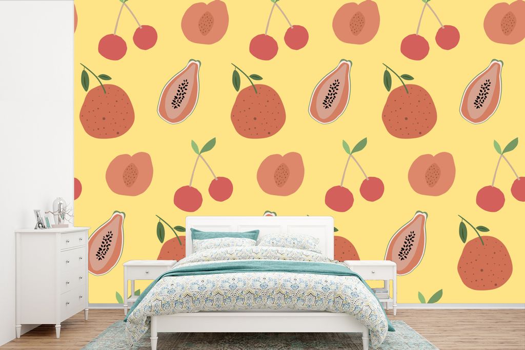 MuchoWow Fototapete für Wohnzimmer oder Schlafzimmer Wandtapete Vinyl Motivtapete Obst - Rot - Gelb - Muster - 525x350 cm - Das Hintergrundbild