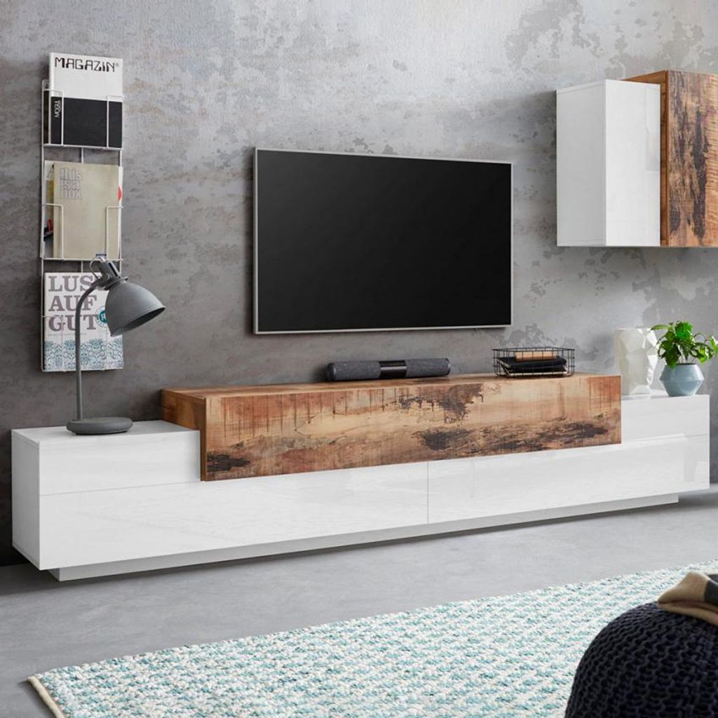 Moderner TV-Schrank 240cm, 4 Fächer, 3 Türen, Weiß-Holz, Corona Low Maple