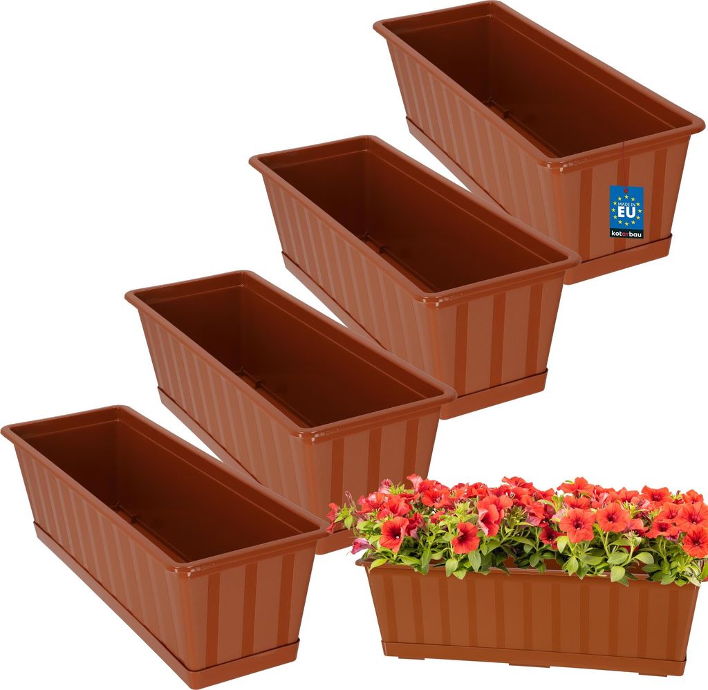 KOTARBAU 4er Set Blumenkasten Blumentopf für Balkon 50 x 18 x 14 cm Terrakotta Balkonkasten Balkongeländer Pflanzkasten mit Untersetzer aus Kun...