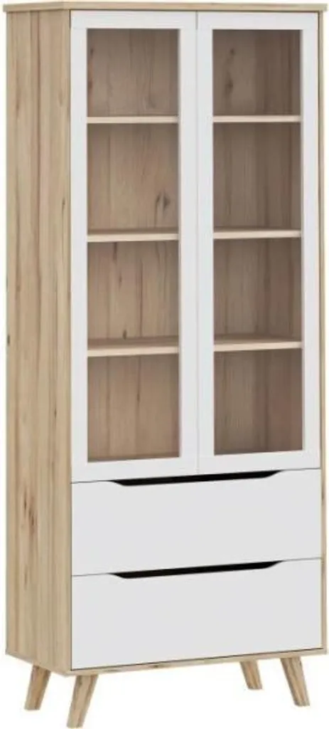 Vitrine Haute VANKKA Design Bicolore Blanc et Chêne 2 Portes Verre