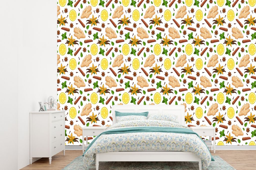 MuchoWow Fototapete für Wohnzimmer oder Schlafzimmer Wandtapete Vinyl Motivtapete Ingwer - Zimt - Zitrone - Anis - 360x260 cm - Wohnzimmer tapete