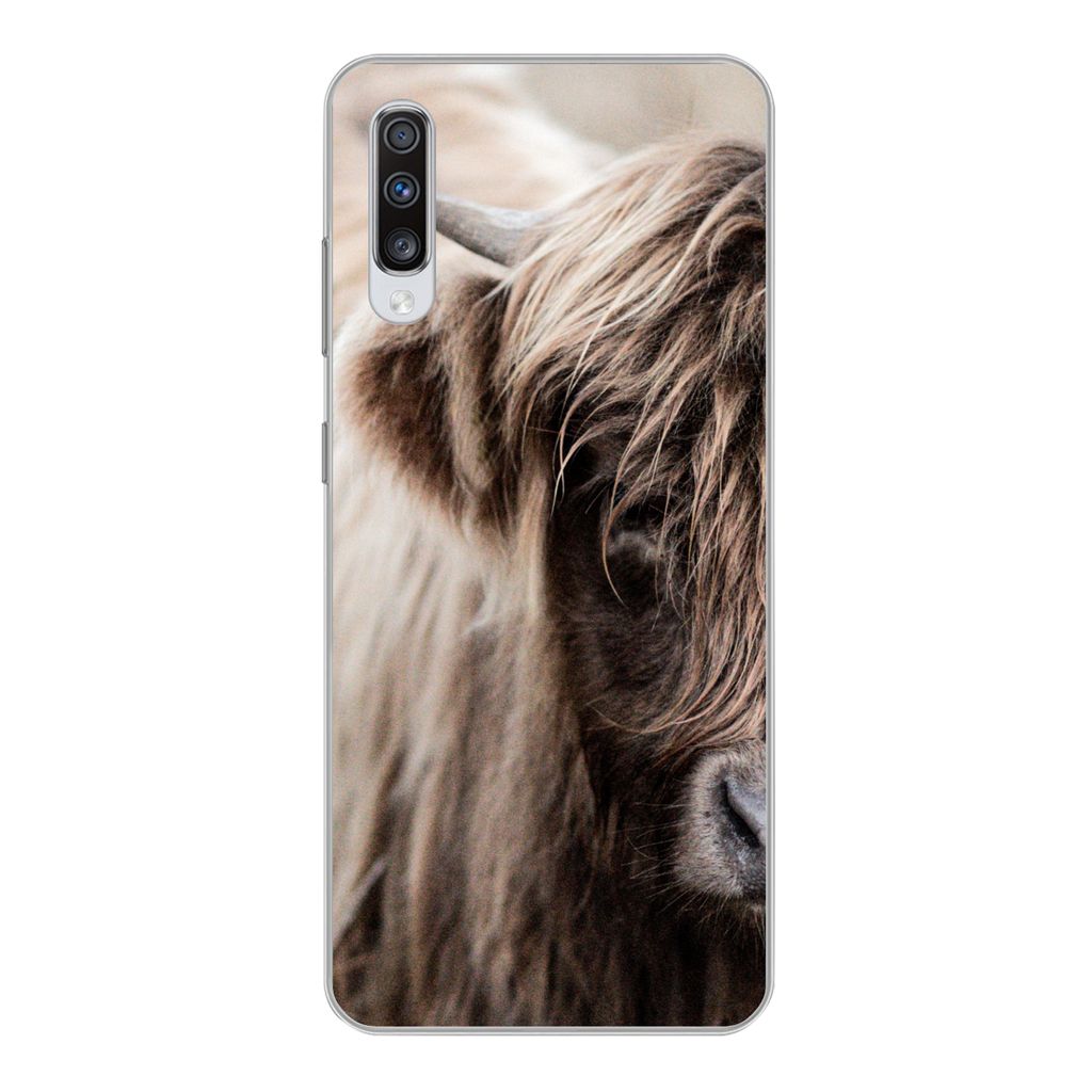 MuchoWow Handyhülle Schutzhülle Hülle für Samsung Galaxy A70 Schottischer Highlander - Kuh - Vlies Silikon Softcase Handy Hülle - Schutzhaube