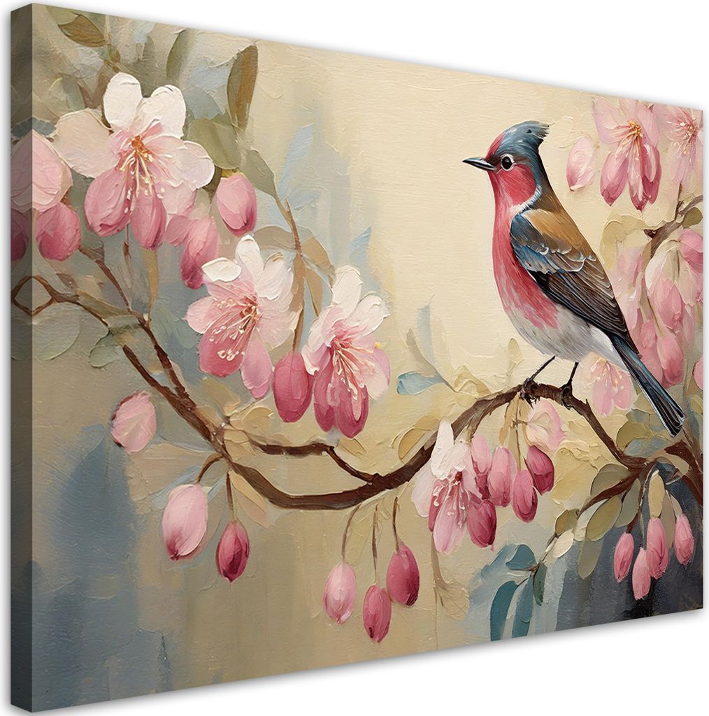 Leinwandbild Vogel auf einem Ast Blumen rosa Shabby Chic 90x60 Feeby Rosa bild für die wand bereit zum aufhängen