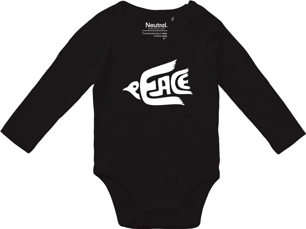 Huuraa Baby Body Peace Friedenstaube 62 Black Baumwolle Fairtrade Langarmbody Geschenkidee
