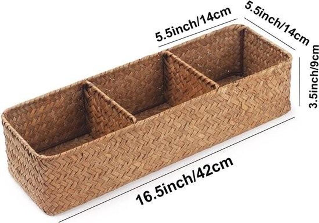 Toilettenpapierkorb - 3-teiliger geflochtener Aufbewahrungskorb - großes Fach - (42 cm x 14 cm x 9 cm) - natur