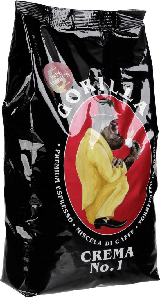 A black bag of coffee beans with a graphic of a gorilla wearing a yellow suit.