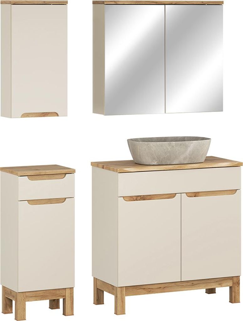 Badmöbel-Set 4-teilig mit 80 cm Waschtisch & Spiegelschrank in kaschmir und Eiche mit Baumkantenoptik, modern grifflos - SOLNA-56-CASHMERE