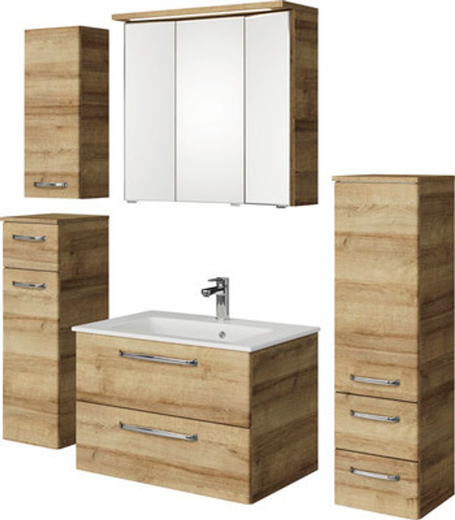 Badmöbel-Set Pelipal Kumba BxHxT 137 x 200 x 50 cm Frontfarbe eiche riviera 5-teilig mit Mineralguss-Waschtisch weiß, Midischrank, Unterschrank u...