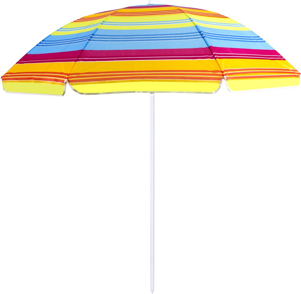 A colorful striped beach umbrella with a white pole, isolated on a white background.