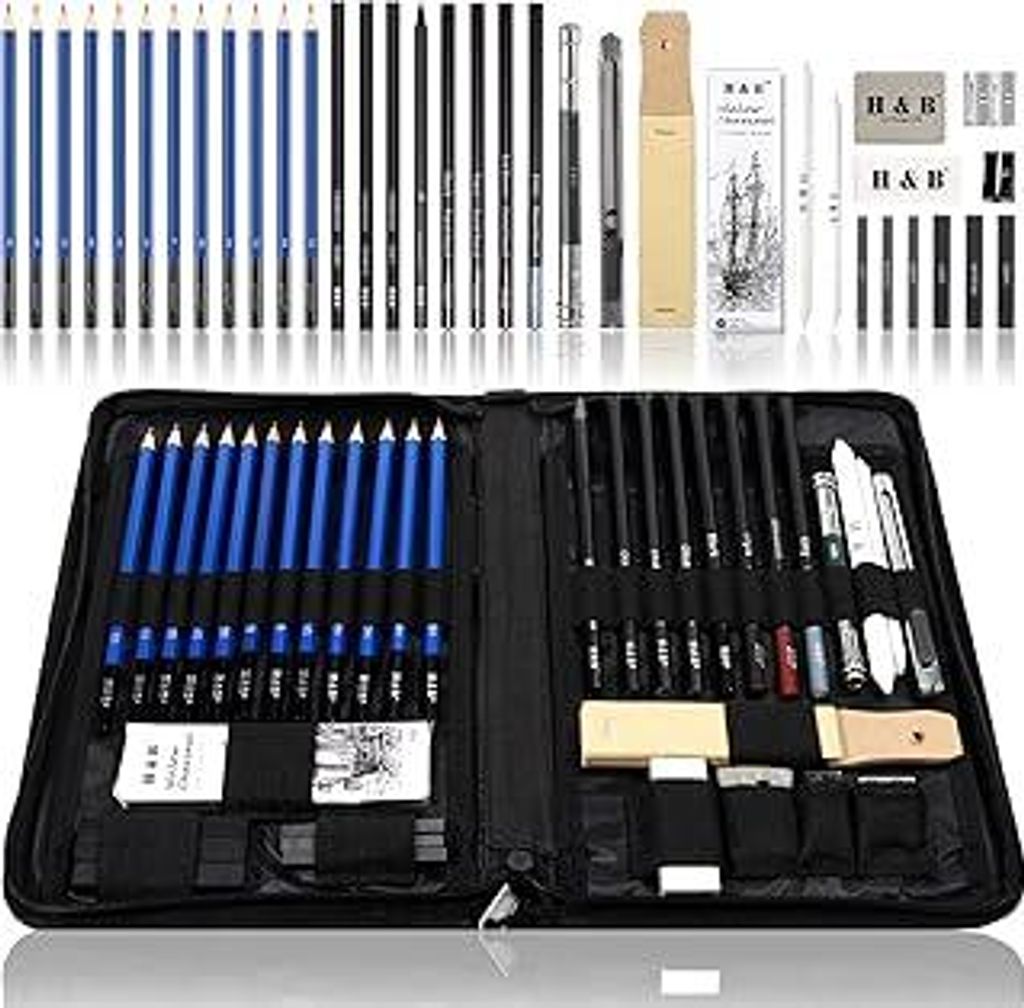 H & B 40 Stück Bleistifte Skizzierstifte Set Skizzieren und Zeichnen Professionelle Art Set mit Graphitkohlestifte Sticks Werkzeuge und Kit Bag