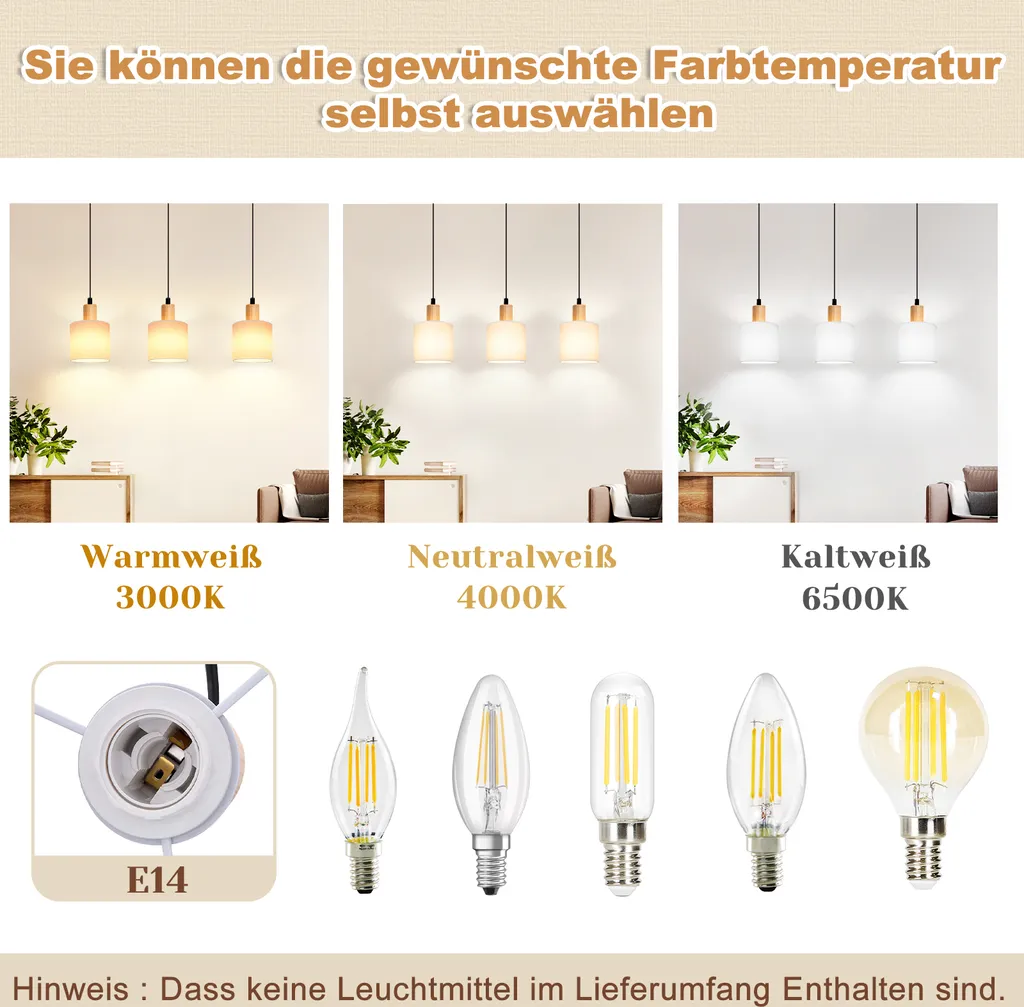 Lampe table à manger bois blanc - Éclairage doux 3 points ZMH E14