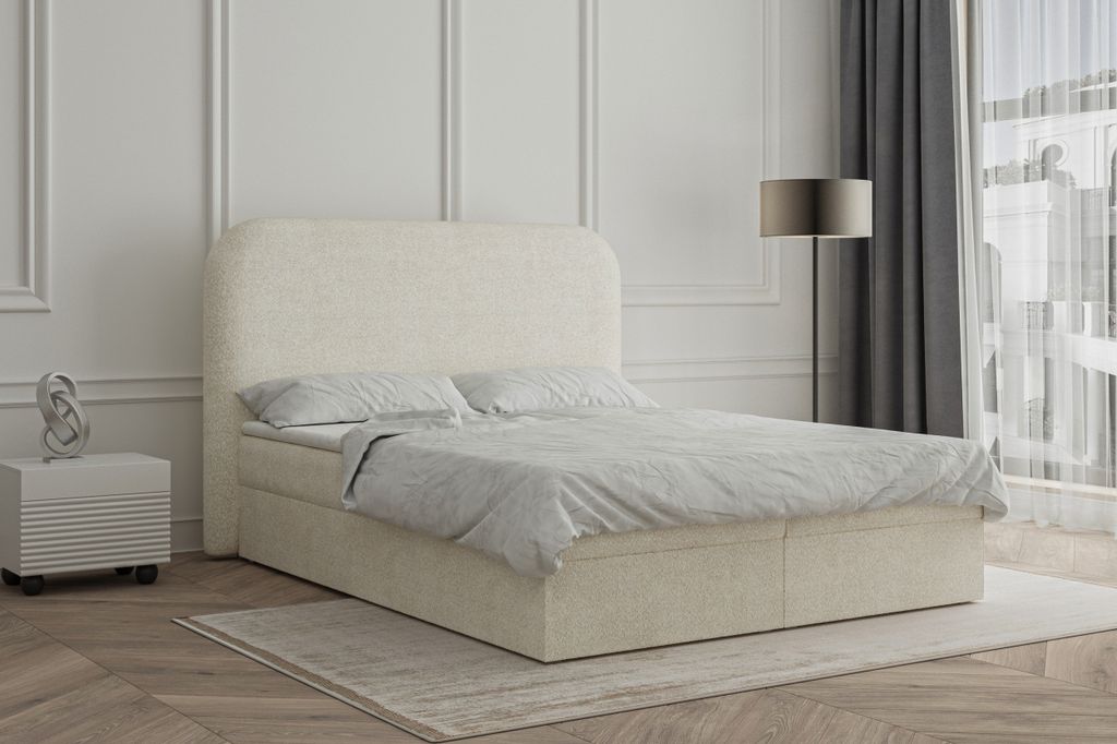 MOEBLO Boxspringbett Bett 07 – Boxspringbett, aus Boucle, Polsterbett Kontinentalbett, dekorativem Kopfteil Doppelbett mit Bonell-Frendung, Toppe...