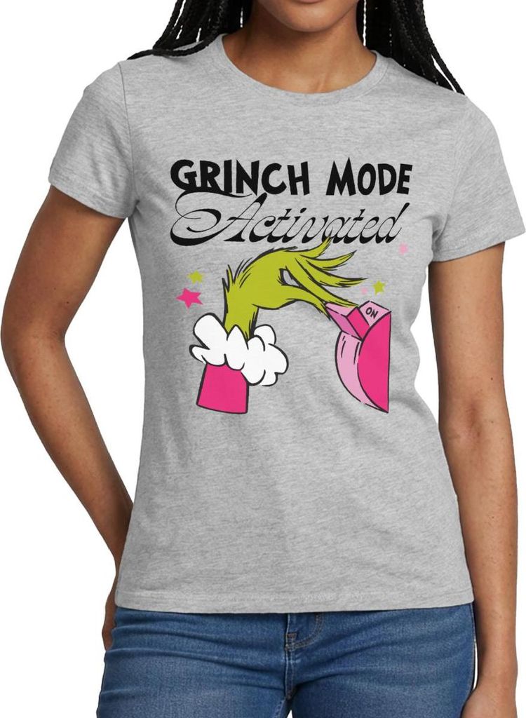 Spreadshirt Der Grinch Statement Grinch Mode Activated Frauen T-Shirt, L, Grau meliert