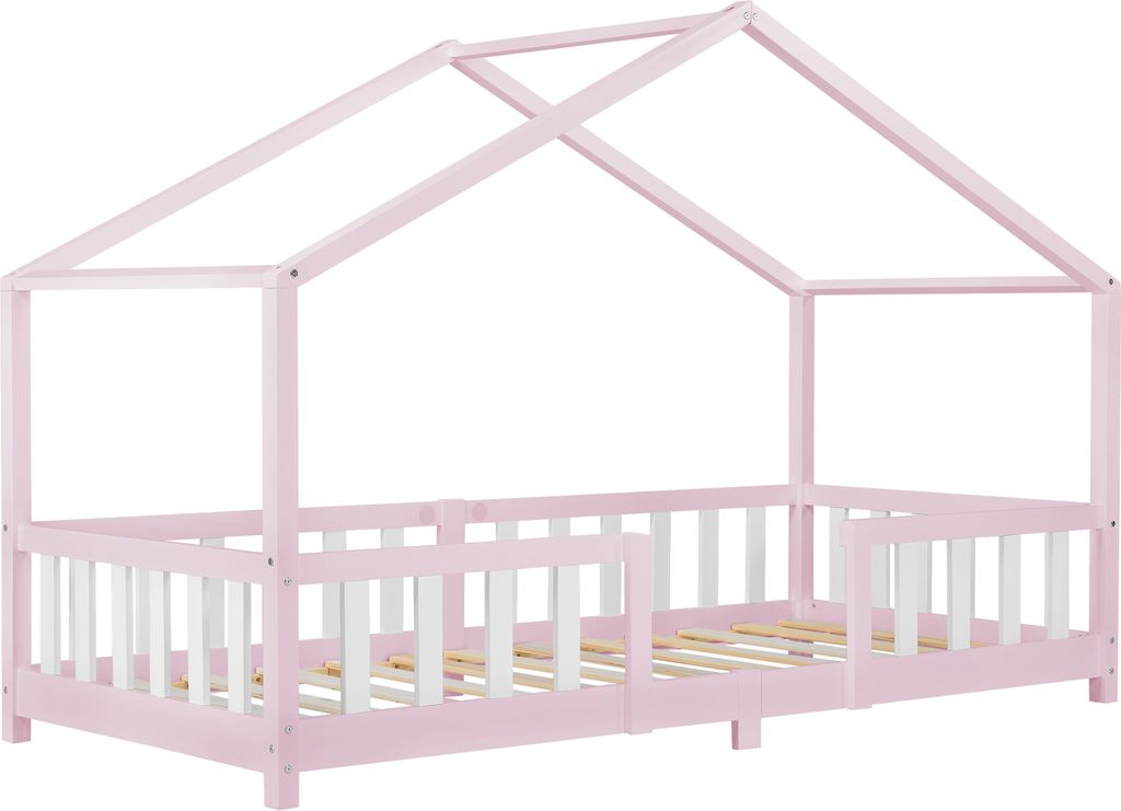 A pink and white house-shaped bed frame with a slatted base, shown from a side-front angle against a white background.
