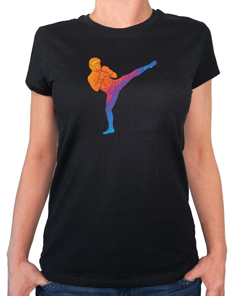 Huuraa Damen T-Shirt Kickboxen bunte Silhouette M Black Bio Baumwolle Fairtrade Damenshirt Geschenkidee