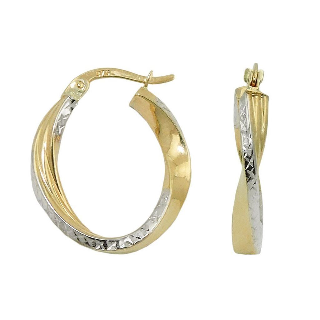 Creole Ohrring 20x18x3mm oval bicolor diamantiert geschwungen 9Kt GOLD gold 20x18x3mm
