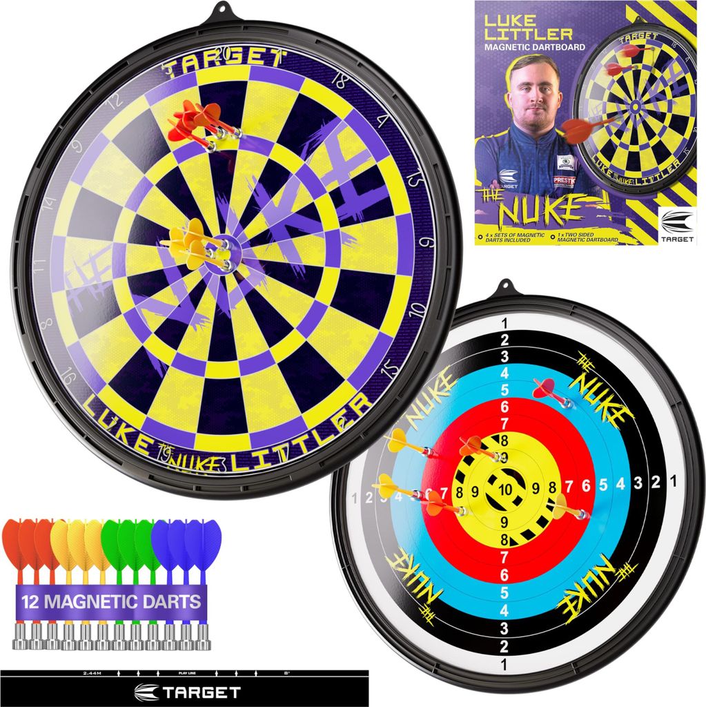 A collage of a dartboard set, including the dartboard, darts, and packaging with a player.