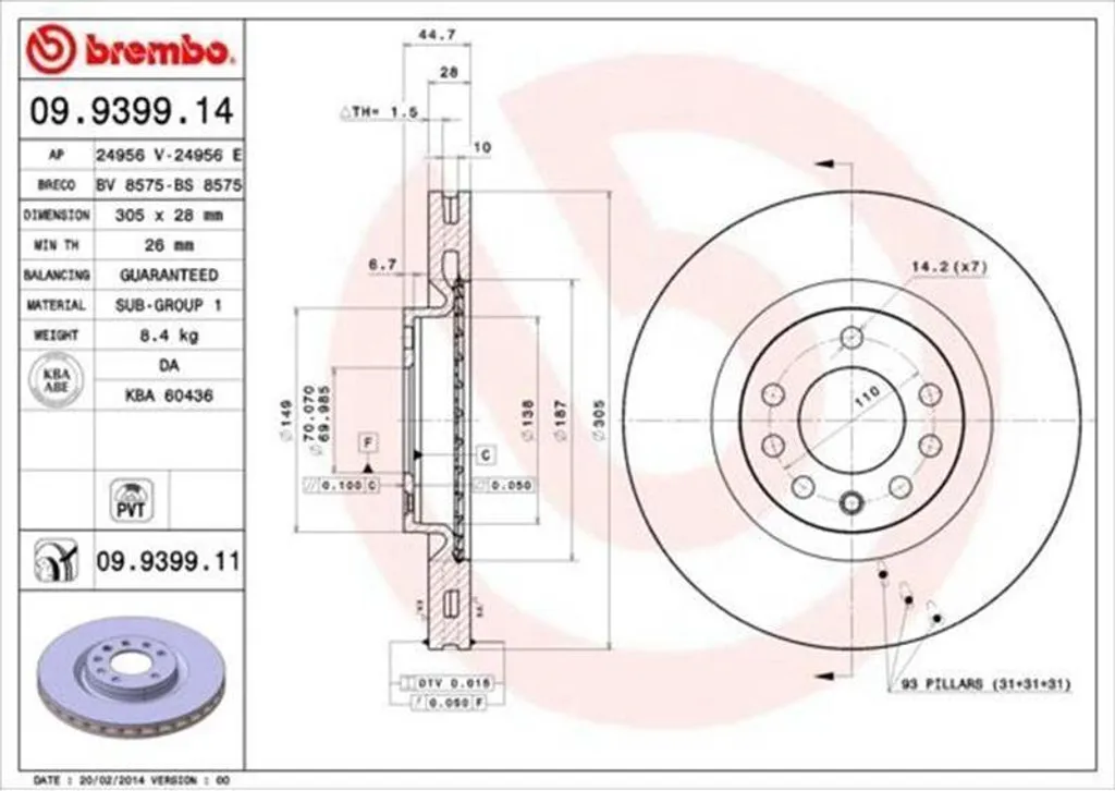 Paire de Disques de Frein Ventilés Brembo pour Essieu Avant Auto