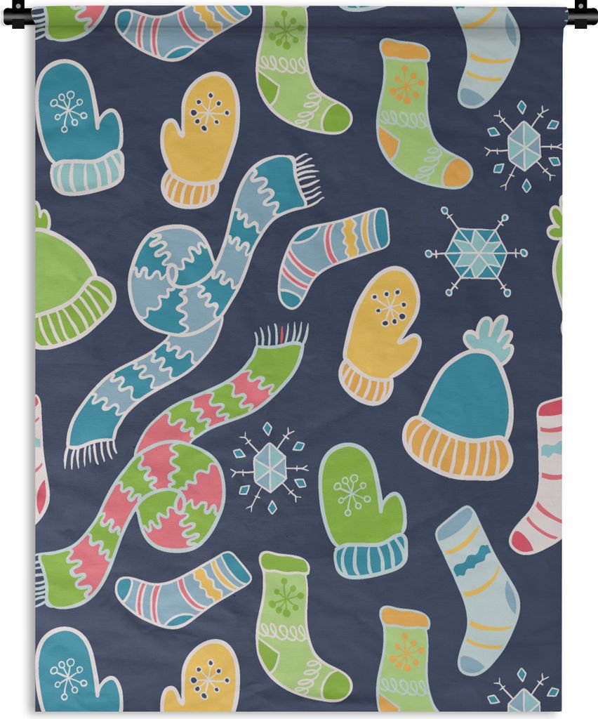 MuchoWow Wandteppich Wandbehang Schal - Handschuhe - Mütze - Regenbogen - Winter - Schnittmuster 60x80 cm Tapisserie Dekoration Wandtuch - Decke...