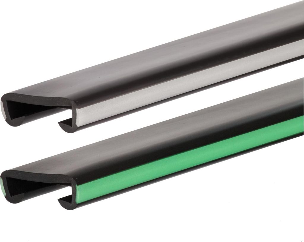 Two lengths of handrail profiles are shown against a white background. The top profile is gray and black, while the bottom profile is dark gray, black, and green.