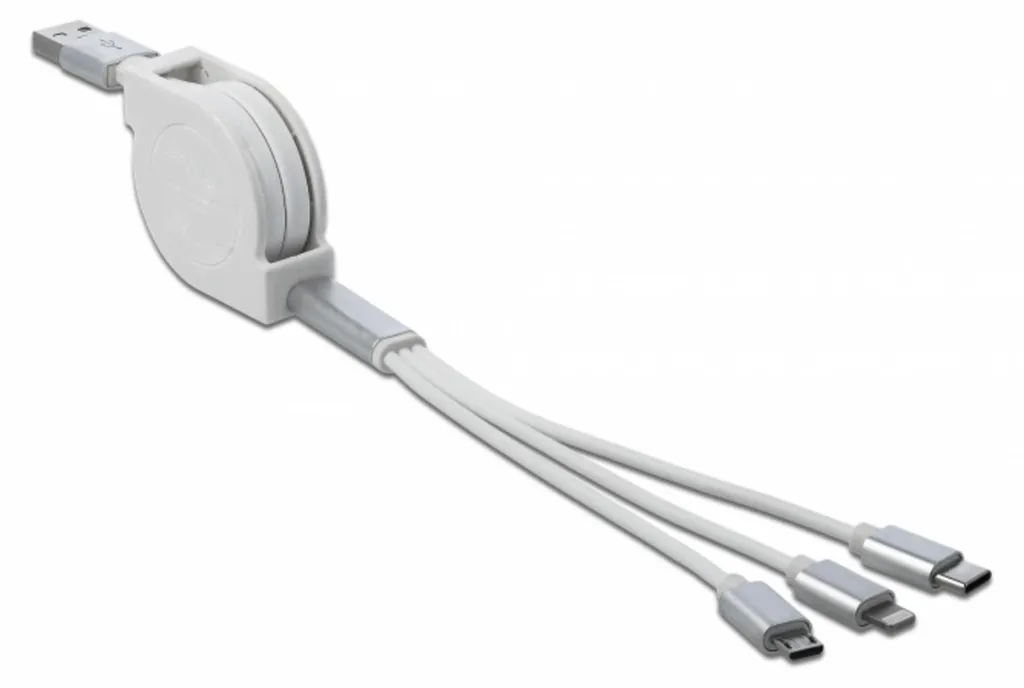 Câble USB 3-en-1 blanc rétractable avec fiches Type C et Micro USB Delock