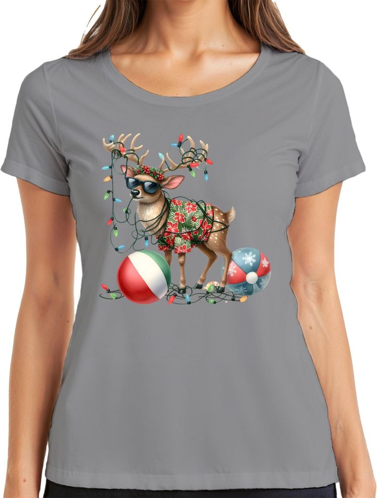 Lustiges Rentier Hawaii Hemd Weihnachten Sonnenbrille Beachball Damen T-Shirt, Grau, L