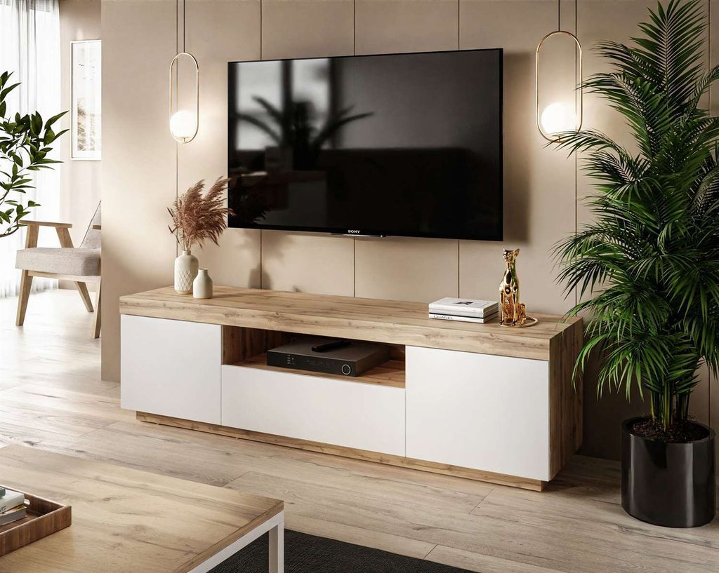 TV Schrank Eiche Wotan weiß matt 170 Fernsehschrank Unterschrank Tv-Board BERLIN TV Board Lowboard