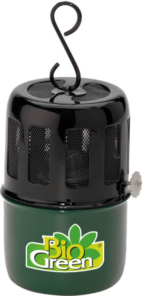 A green and black BioGreen paraffin greenhouse heater with a hanging hook.