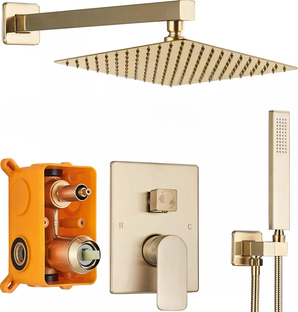 Gold Unterputz Duscharmatur Duschsystem Regendusche mit 40cm Kopfbrause Set