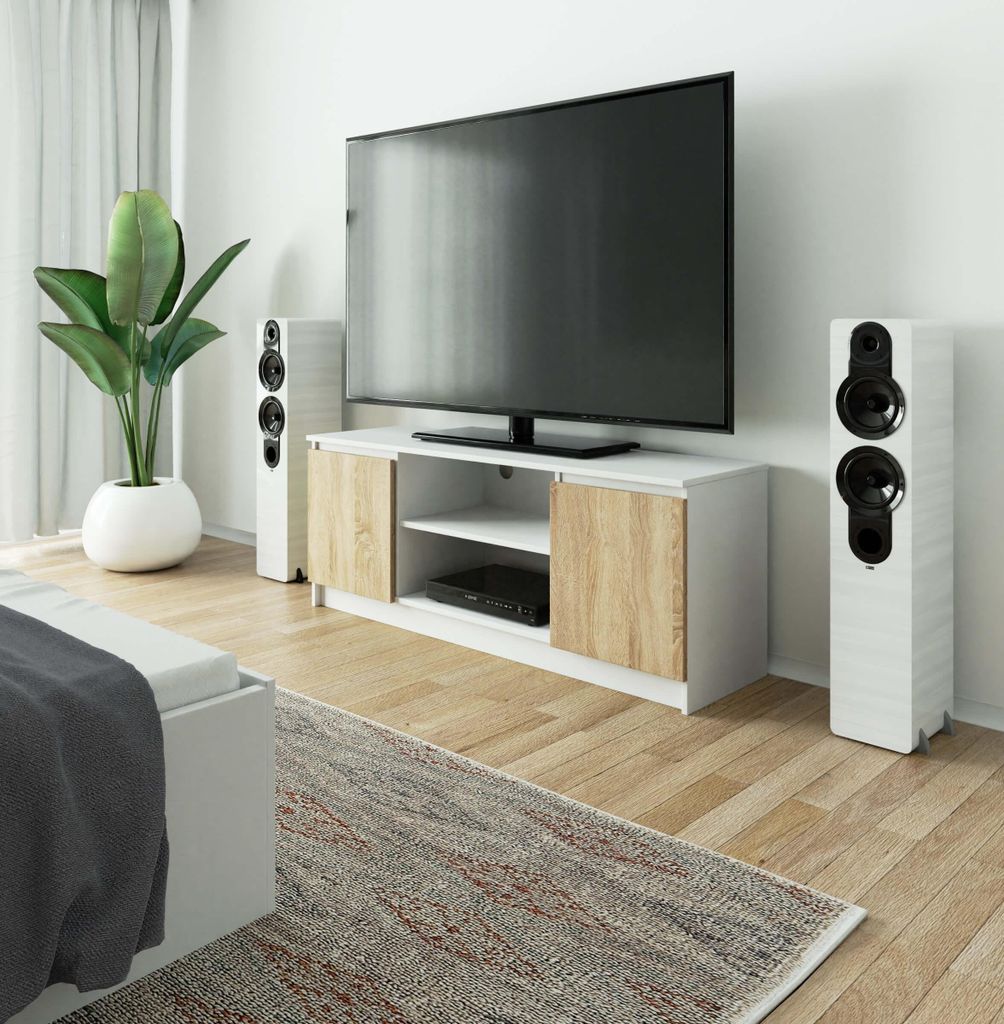 TV Lowboard – TV Schrank – TV Ständer – TV Tisch – 140 cm – Weiß / Sonoma Eiche – Stilvolle Medienlösung mit praktischem Stauraum