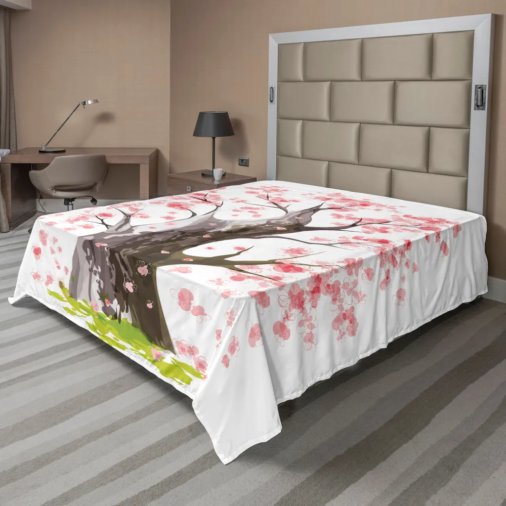 Drap Plat Doux et Confortable Graphique Cerisier Rose sur Fond Noir XXL