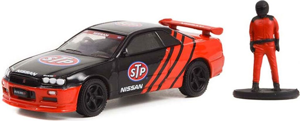 NISSAN Skyline R34 1999 mit Rennfahrer aus der THE HOBBY SHOP Serie in Blisterverpackung., GREEN97130-E, Maßstab1/64, GREENLIGHT