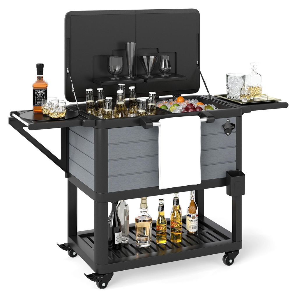 A multi-functional cooler cart with various drinks and accessories, set against a white background.