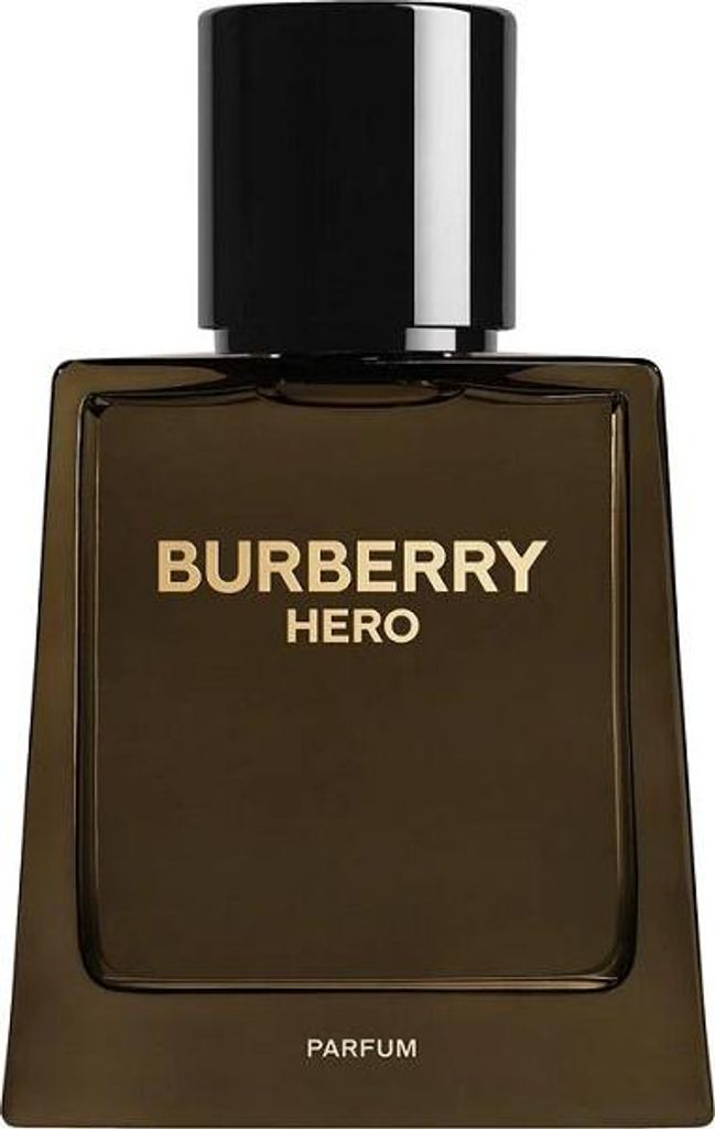 A studio shot of a Burberry Hero perfume bottle.