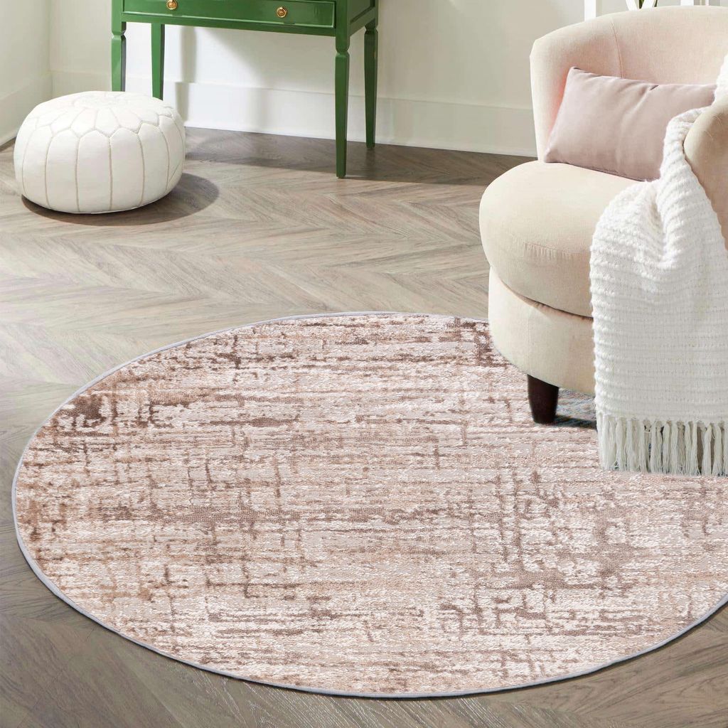 Mazovia Teppich Beige Rund Abstrakt - Wohnzimmer, Schlafzimmer, Esszimmer, Büro, Kurzflor Rund - Zertifikat, Braun - 160 x 160 cm