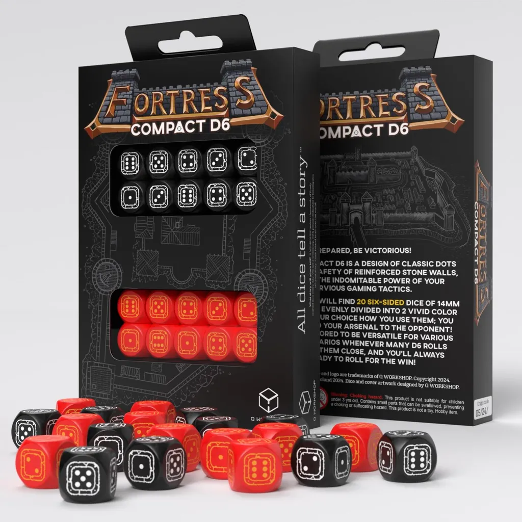 20 Dés D6 Q-Workshop Fortress Noir Rouge en Résine - Set de jeu de rôle