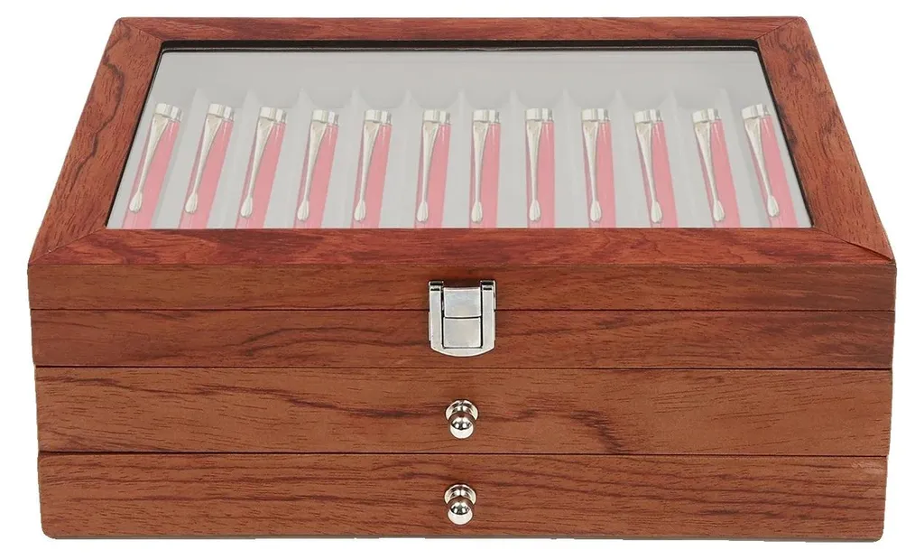 Rangement stylos à plume 34 emplacements marron pour bureau et vitrine